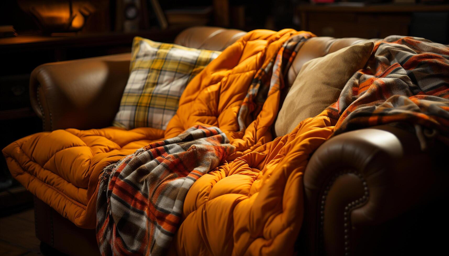 AI generated Comfortable sofa with vibrant yellow and orange colors generated by AI photo