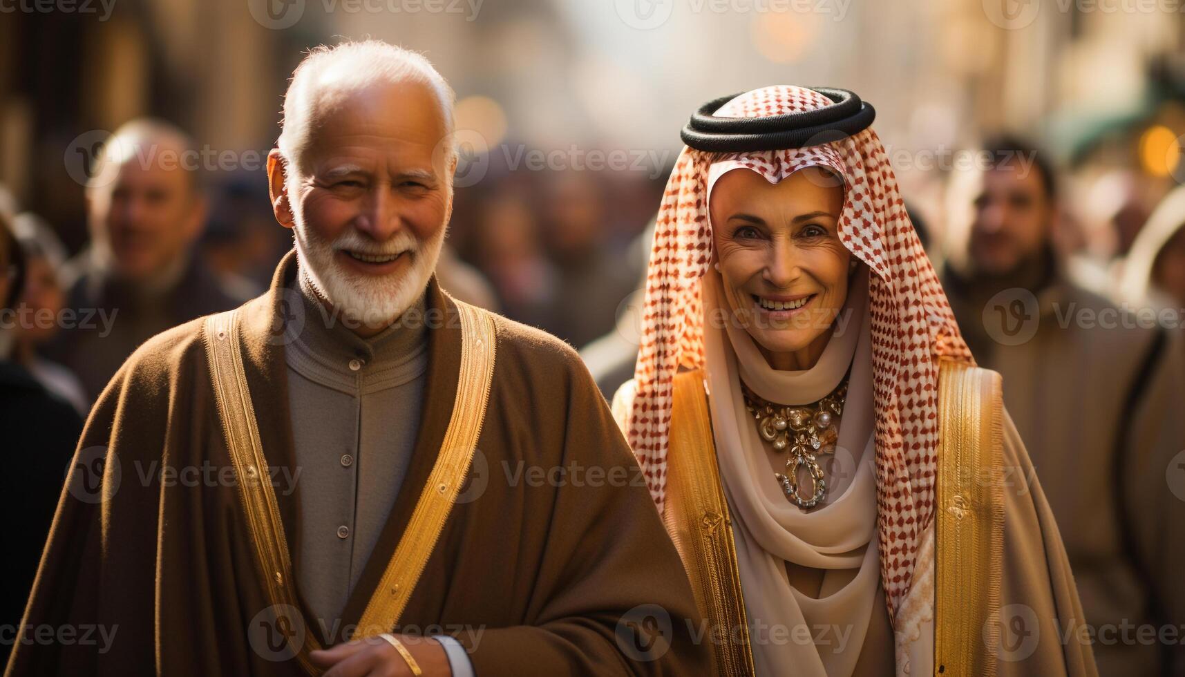 AI generated Smiling adults in traditional clothing, looking at camera generated by AI photo