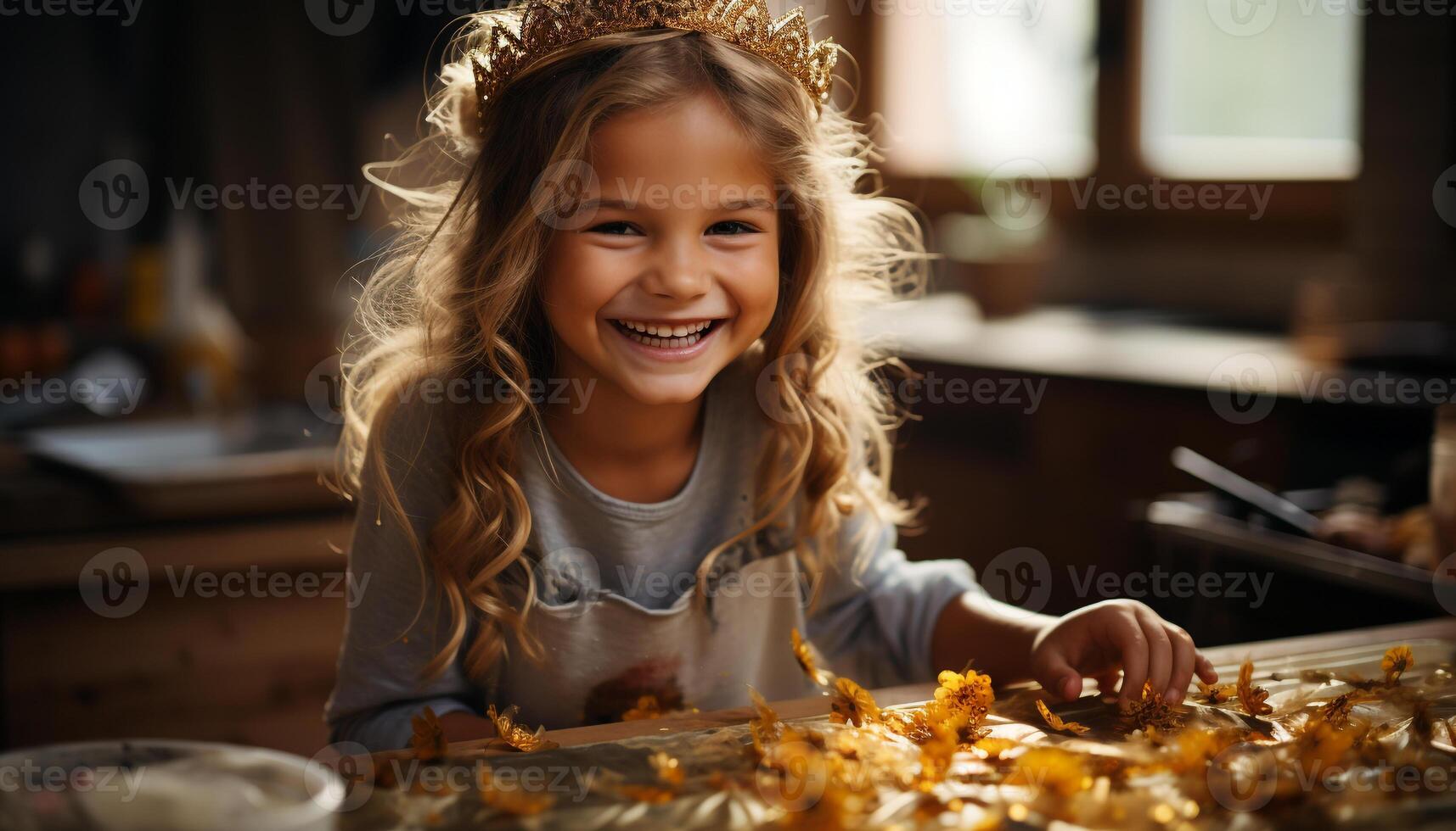 ai generado sonriente niña disfrutando juguetón otoño celebracion a hogar generado por ai foto