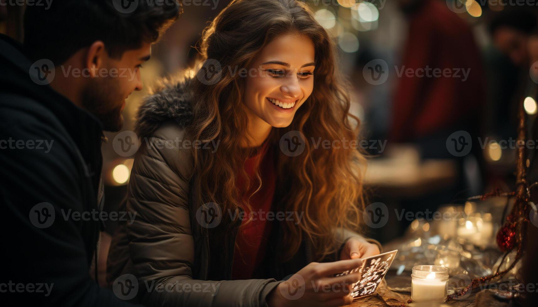 AI generated Young adults smiling, enjoying winter outdoors, bonding together generated by AI photo