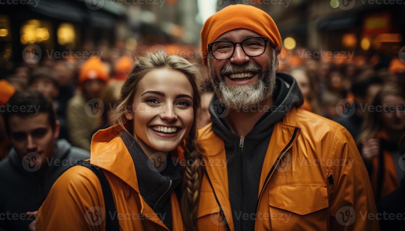 AI generated Smiling couple walking in city, enjoying winter generated by AI photo