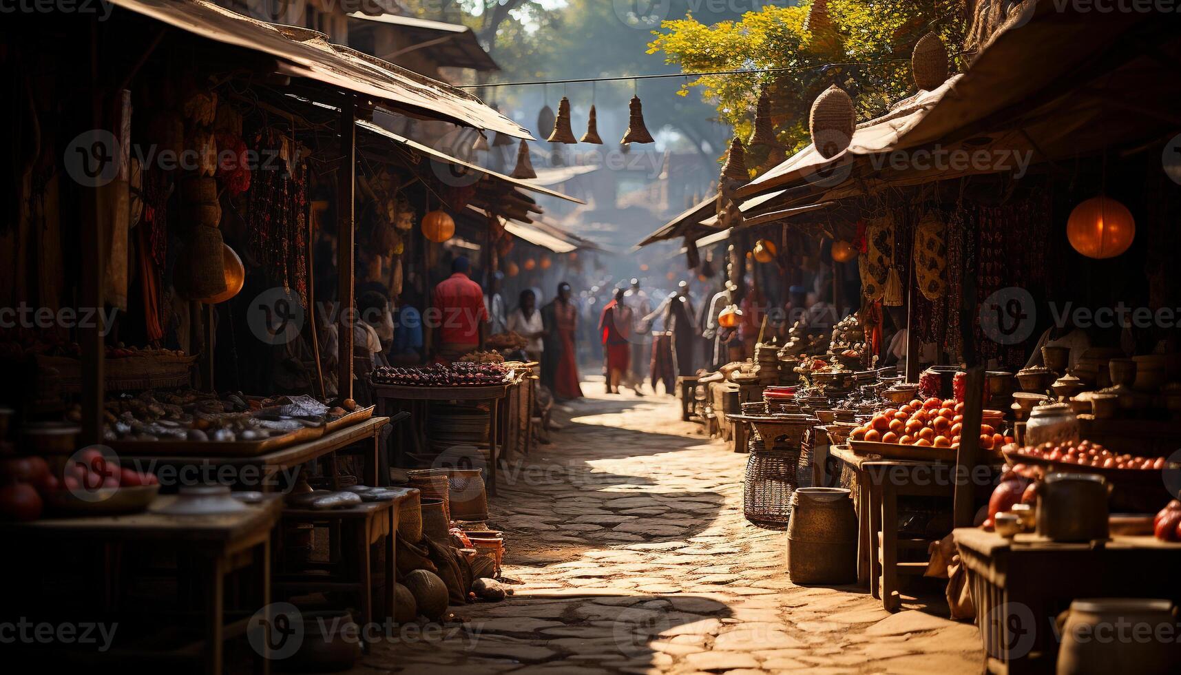 AI generated Wooden lanterns for sale at an old fashioned market generated by AI photo