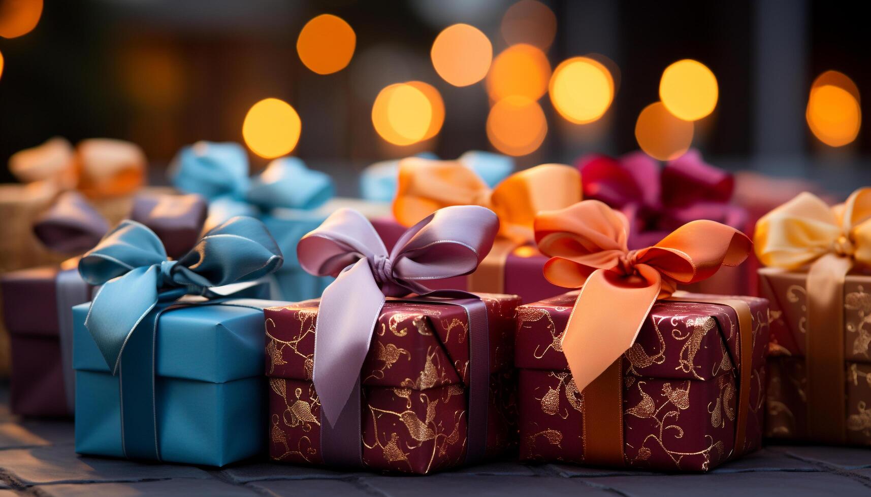 AI generated Stack of shiny gift boxes on wooden table generated by AI photo