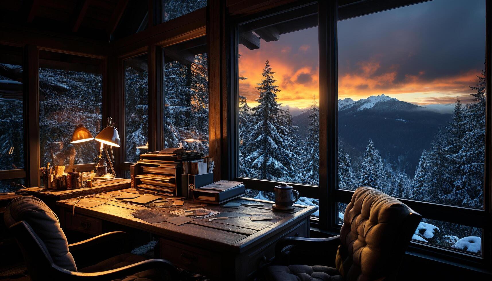 AI generated Wooden table by window, snow covered forest outside generated by AI photo