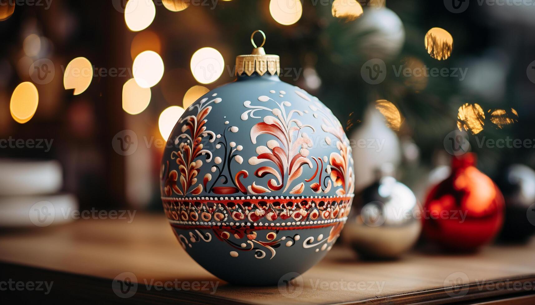 AI generated Glowing Christmas lights illuminate the ornamented tree generated by AI photo