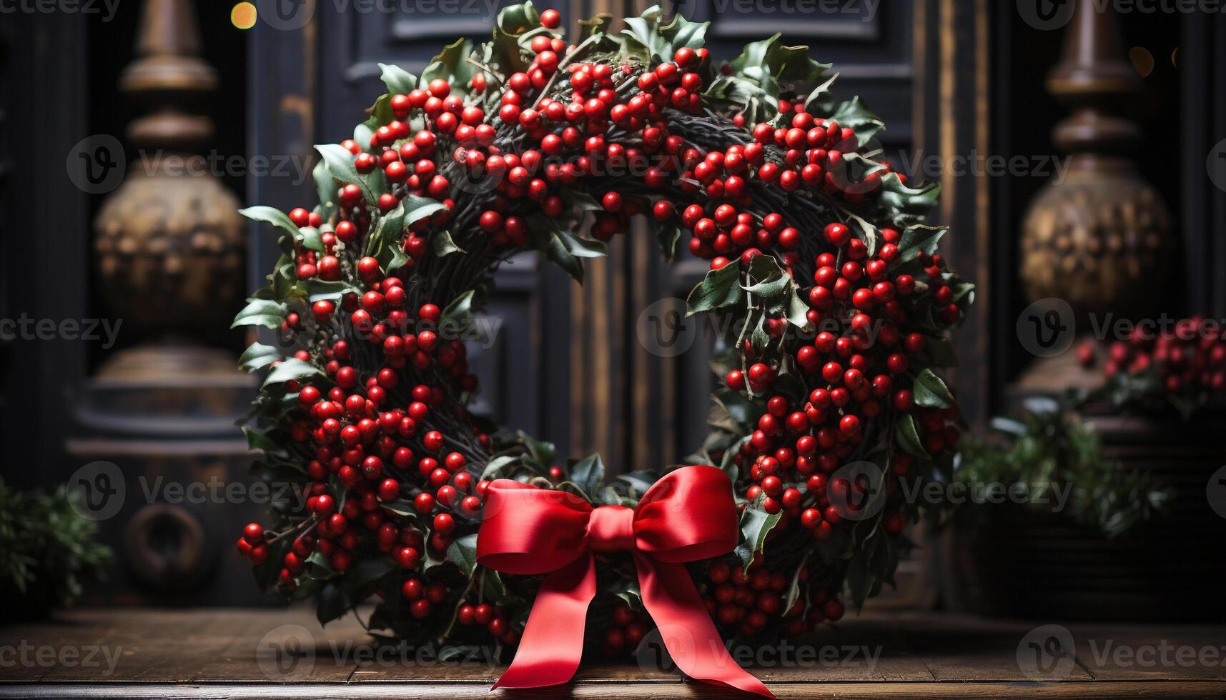 AI generated Christmas wreath on wooden door, a festive tradition generated by AI photo