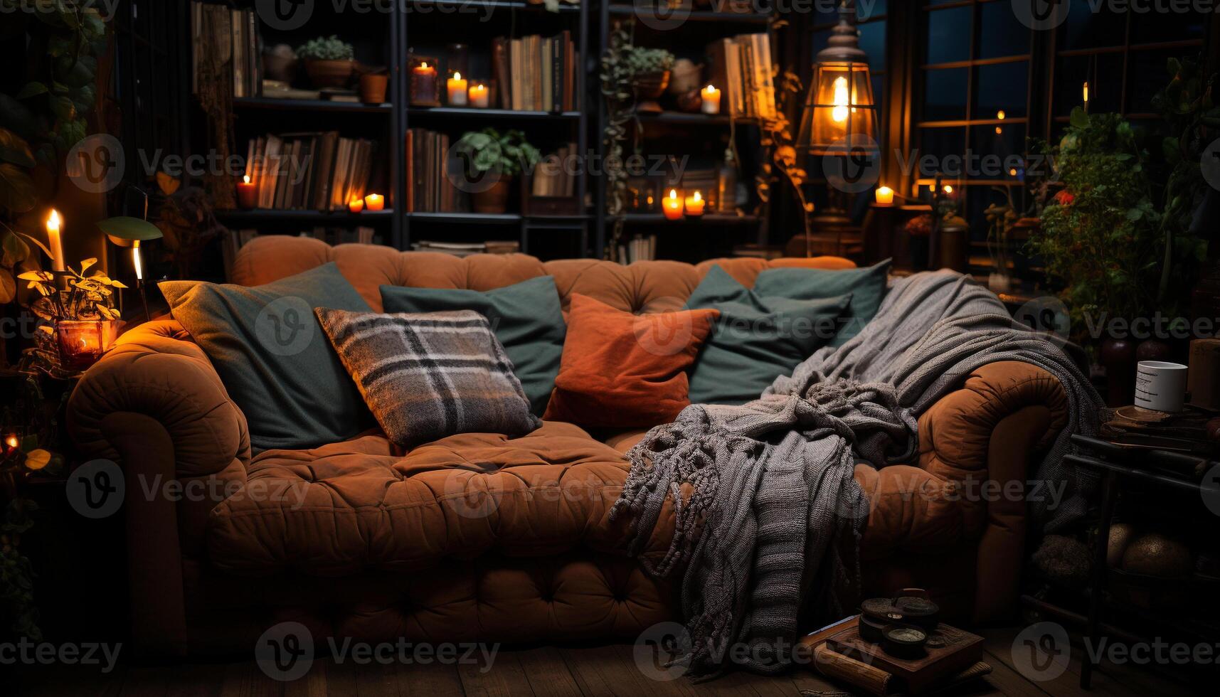AI generated Comfortable sofa in a cozy, illuminated living room generated by AI photo