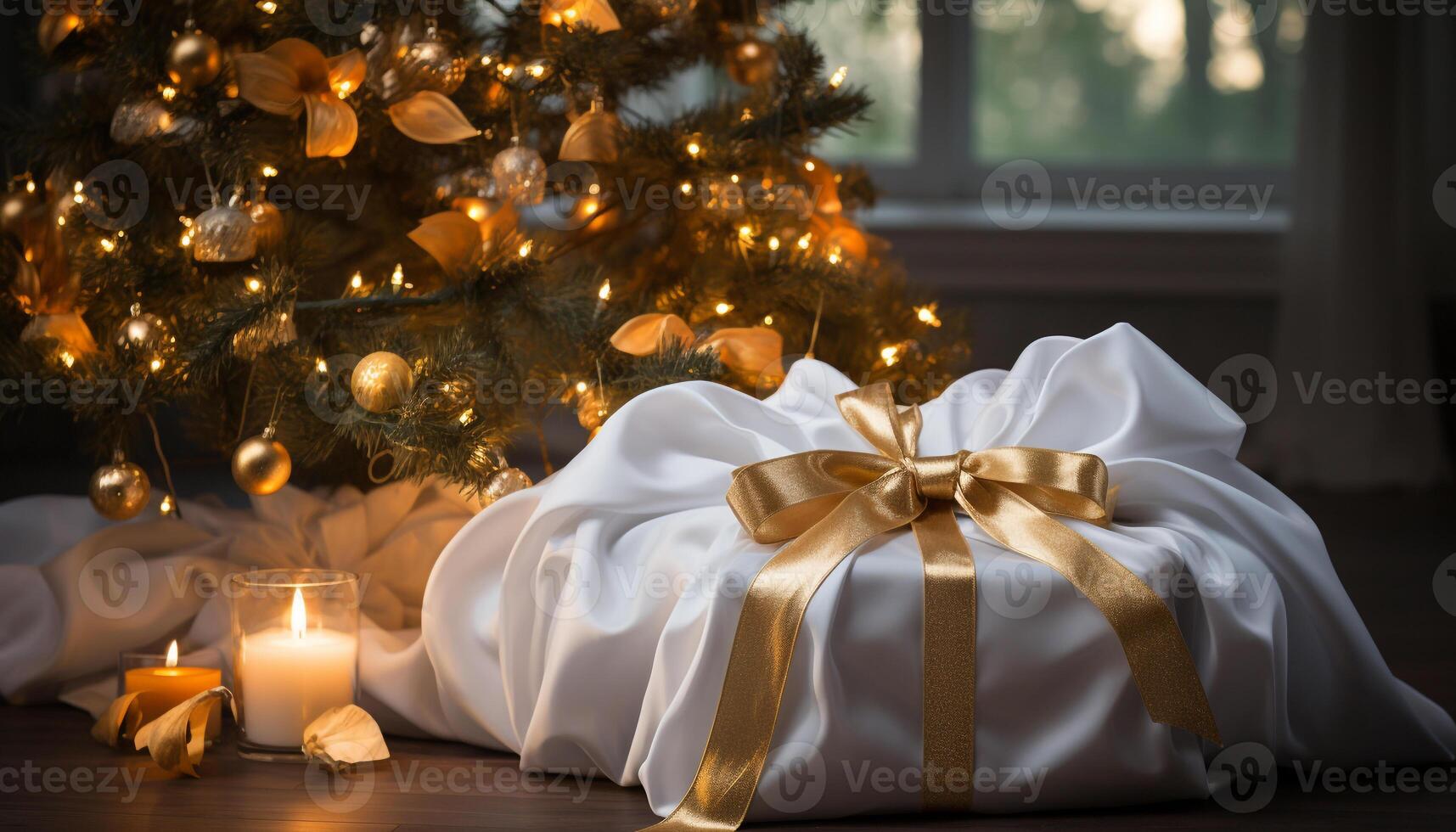 ai generado Navidad árbol brillante con oro adornos y luces generado por ai foto