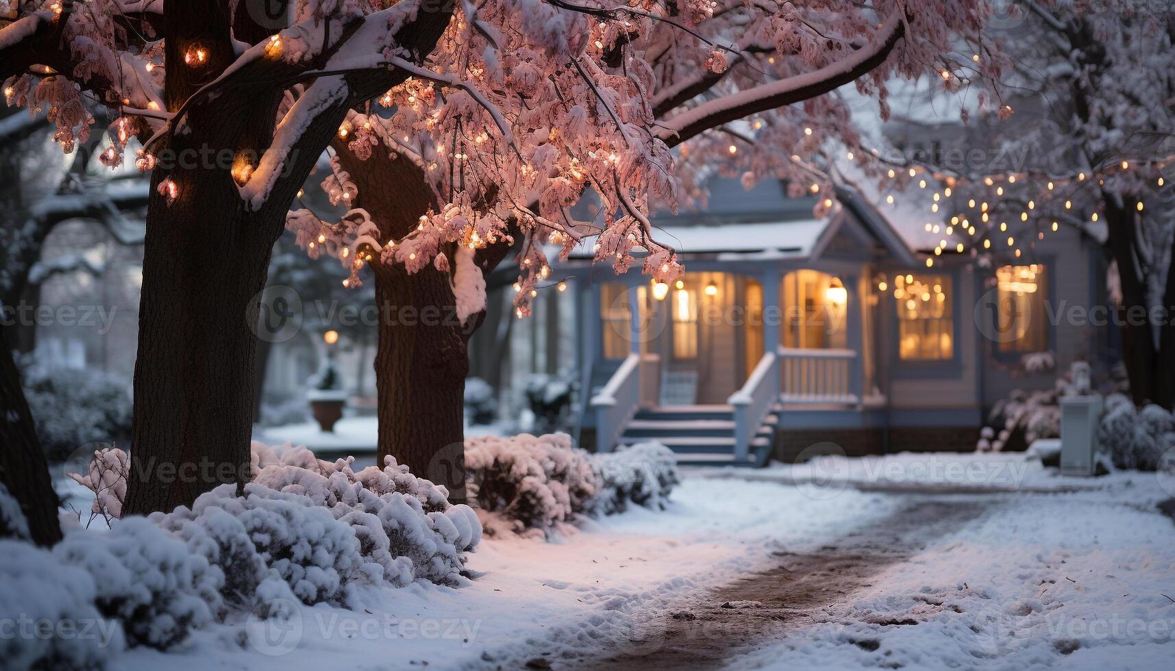 AI generated Winter night snow covered tree illuminated by lanterns generated by AI photo