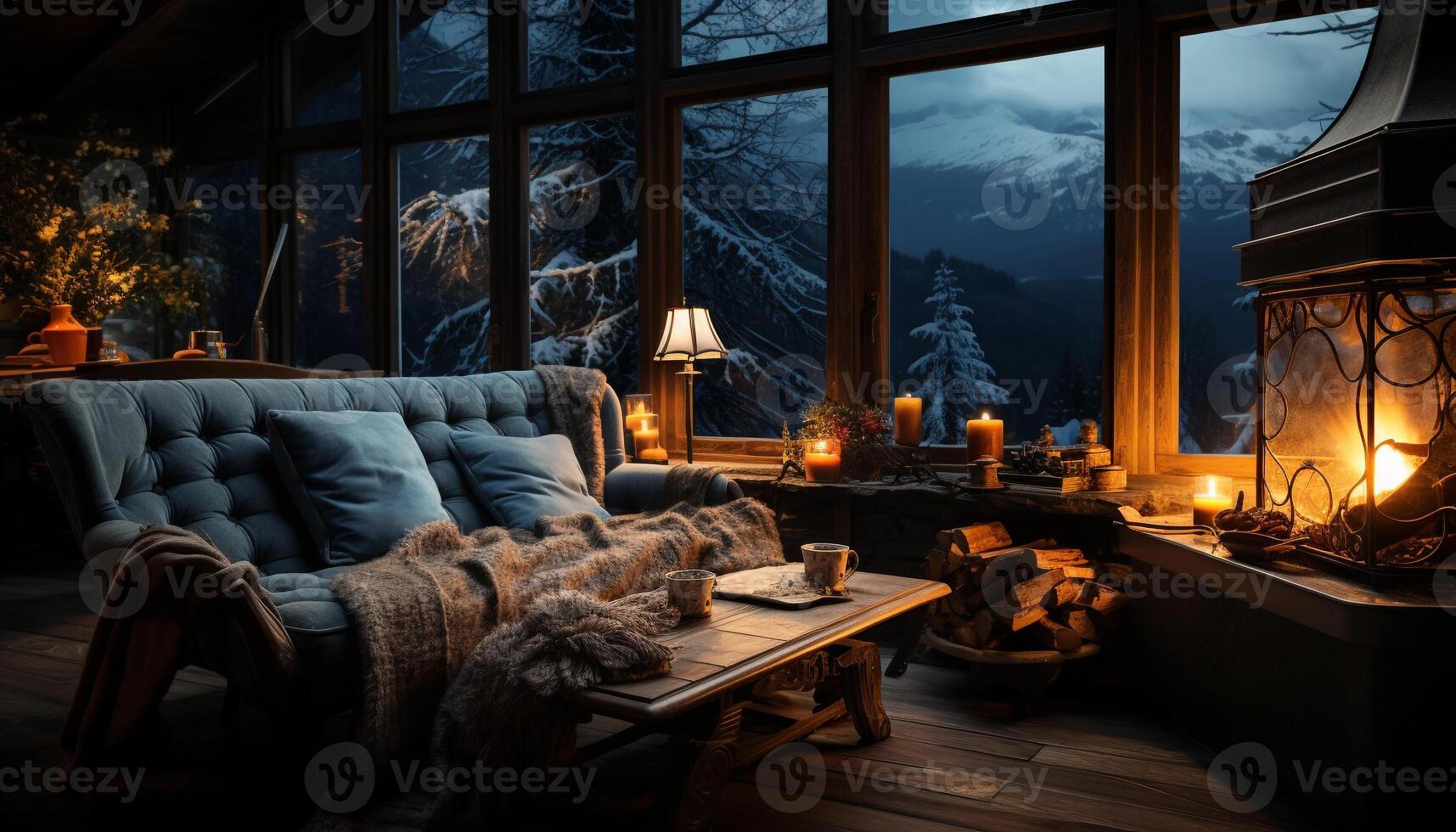 AI generated Cozy winter night in a modern rustic cottage generated by AI photo