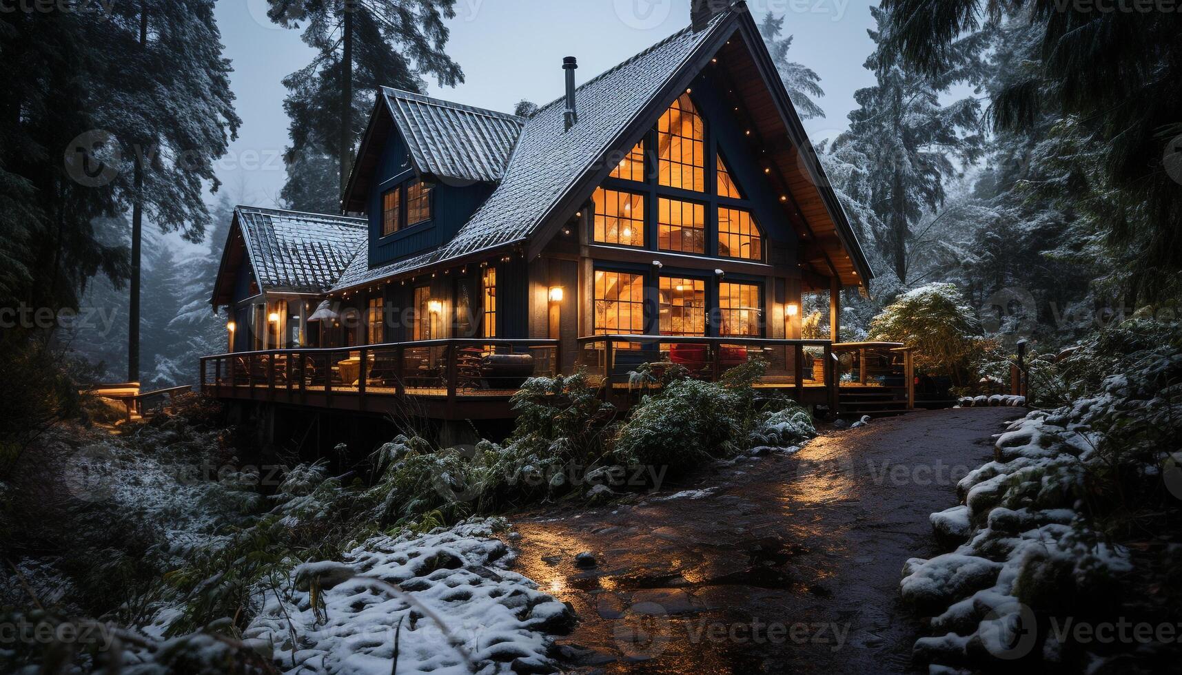 ai generado invierno noche, nieve cubierto bosque, iluminado cabaña ventana generado por ai foto