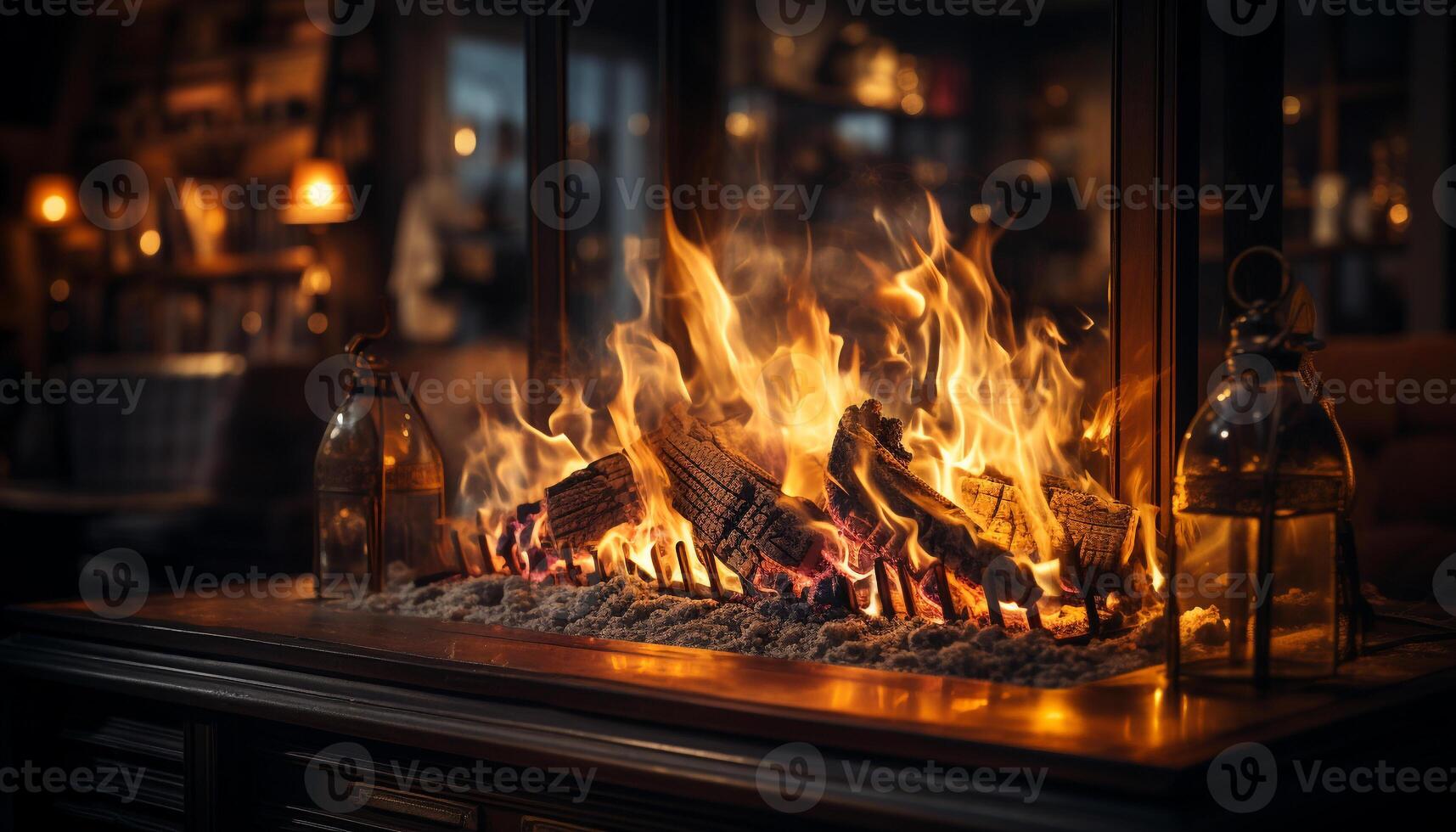 AI generated Glowing firewood illuminates cozy kitchen for gourmet meal generated by AI photo