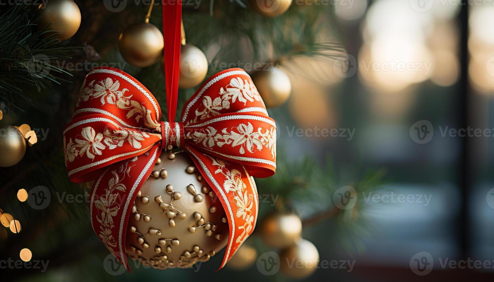 AI generated Christmas tree decorated with shiny ornaments and lights generated by AI photo