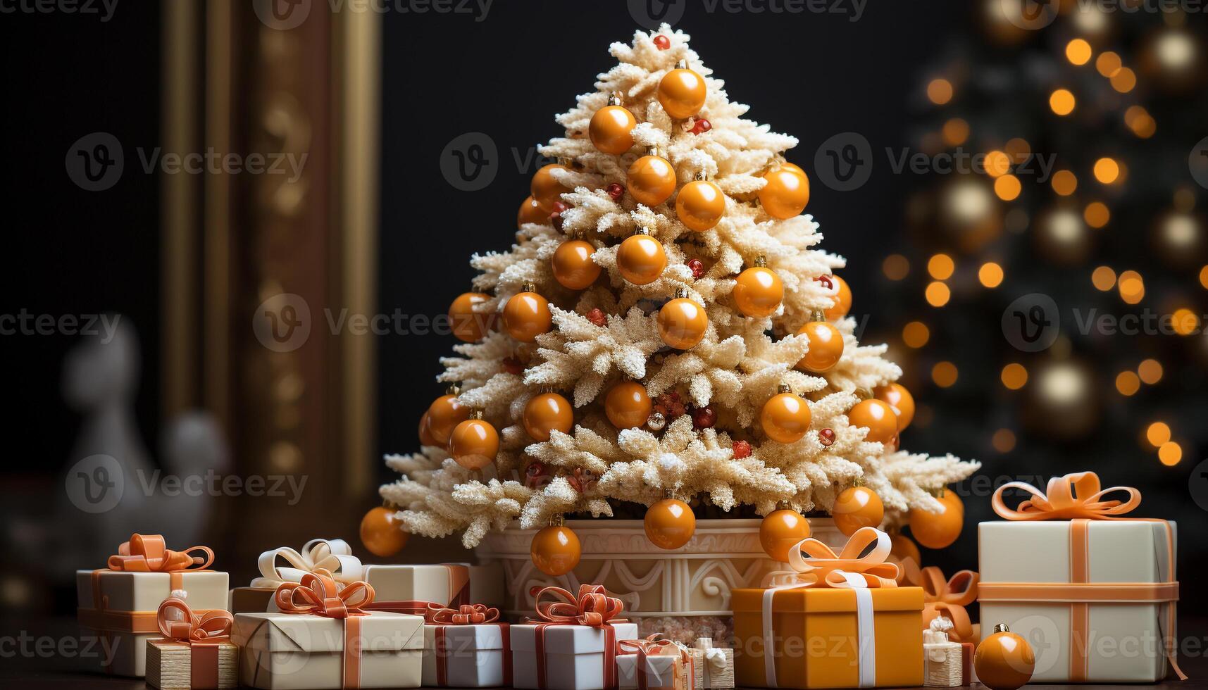 AI generated Christmas tree illuminated with shiny gold decorations generated by AI photo