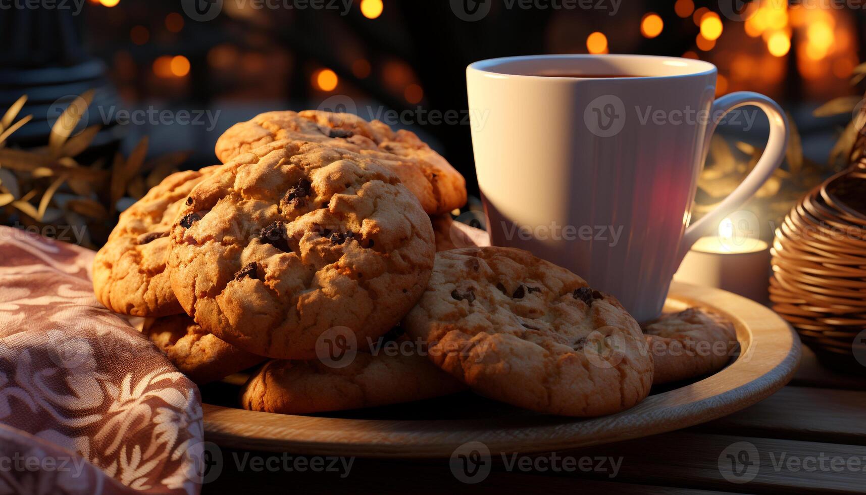 AI generated Homemade chocolate chip cookies on rustic wooden table generated by AI photo