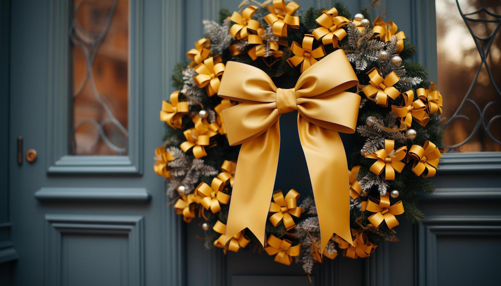 AI generated Christmas decoration on wooden background, shiny gold gift generated by AI photo