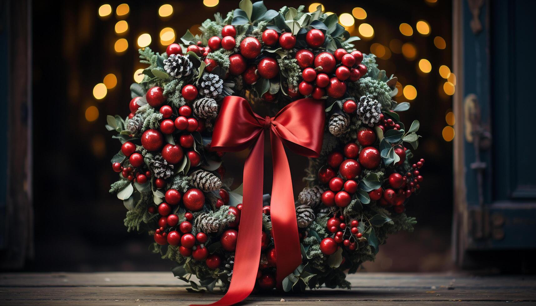 AI generated Christmas tree branch with illuminated Christmas lights generated by AI photo
