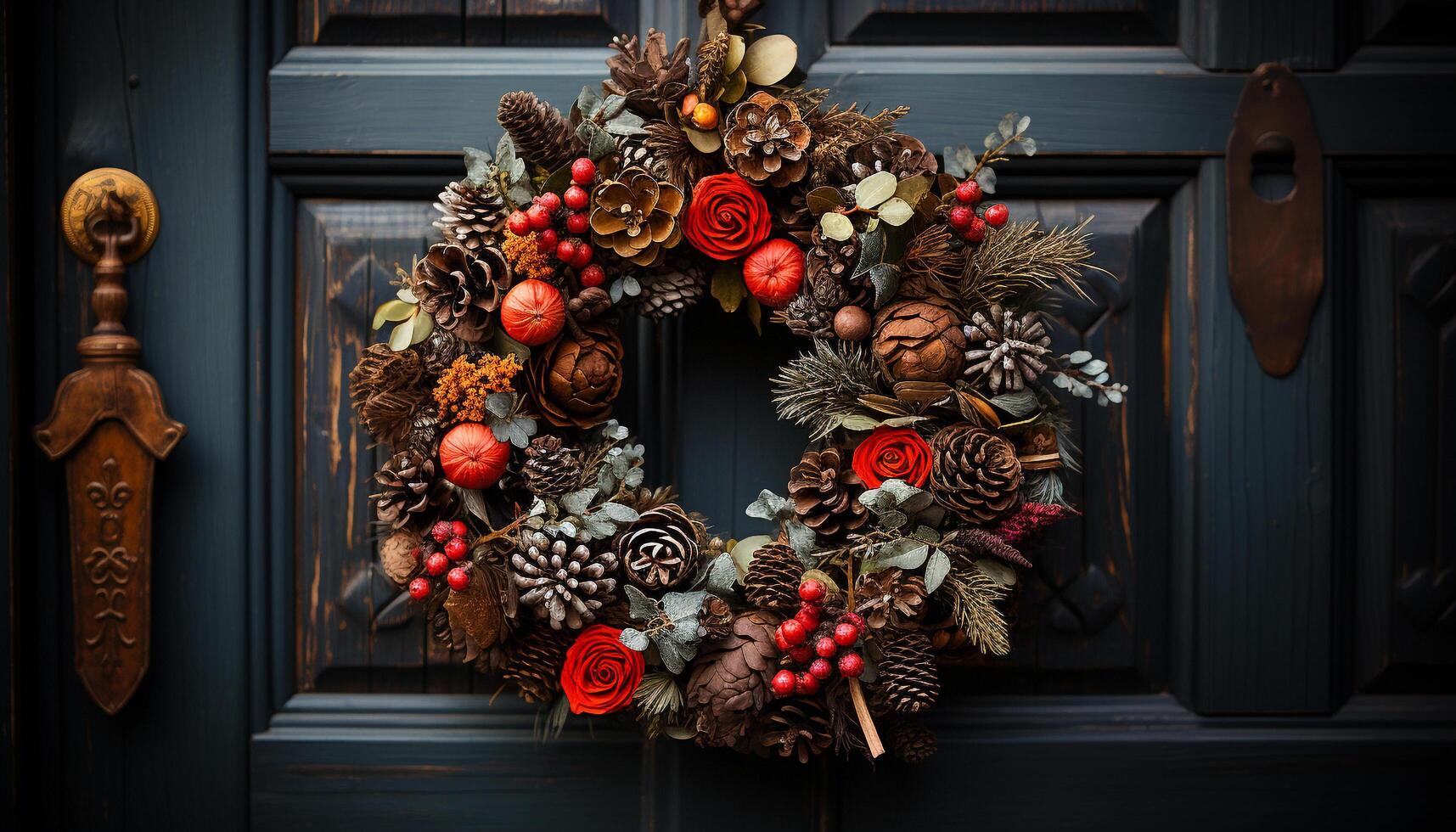 AI generated Rustic pine cone wreath decorates old wooden door generated by AI photo