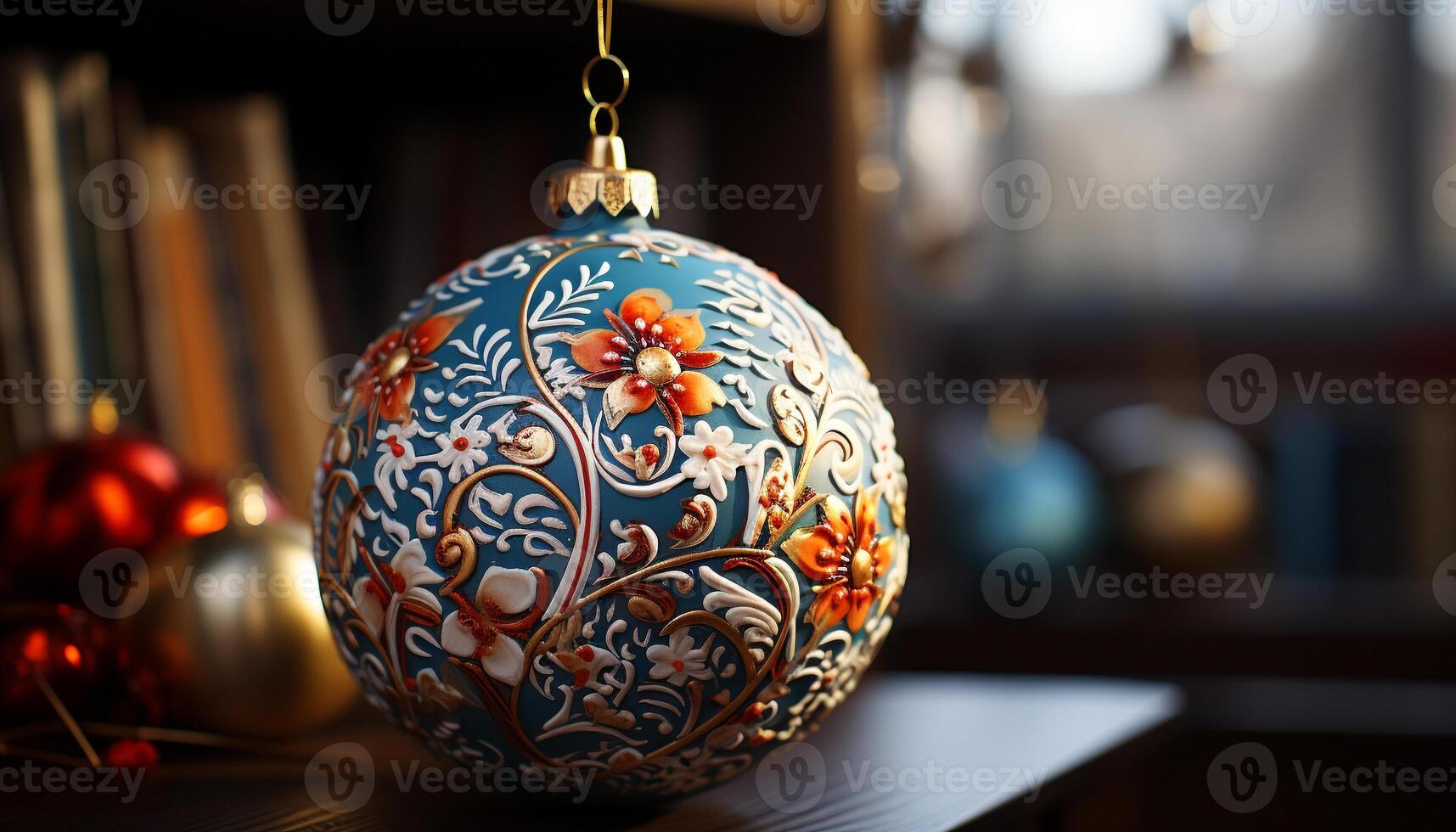 AI generated Christmas ornament hanging on a decorated Christmas tree generated by AI photo