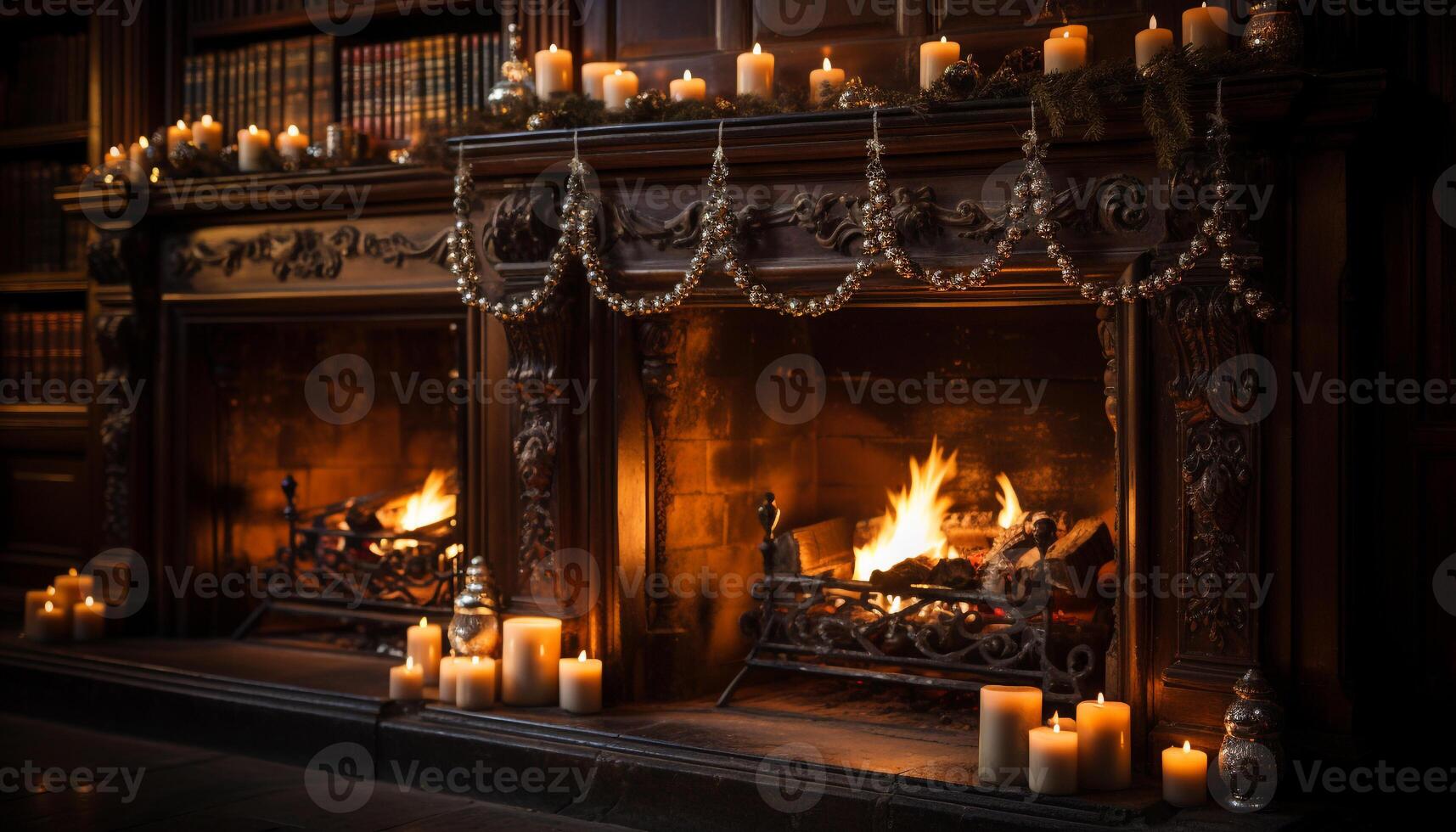 AI generated Cozy winter night, candle glowing in dark room generated by AI photo