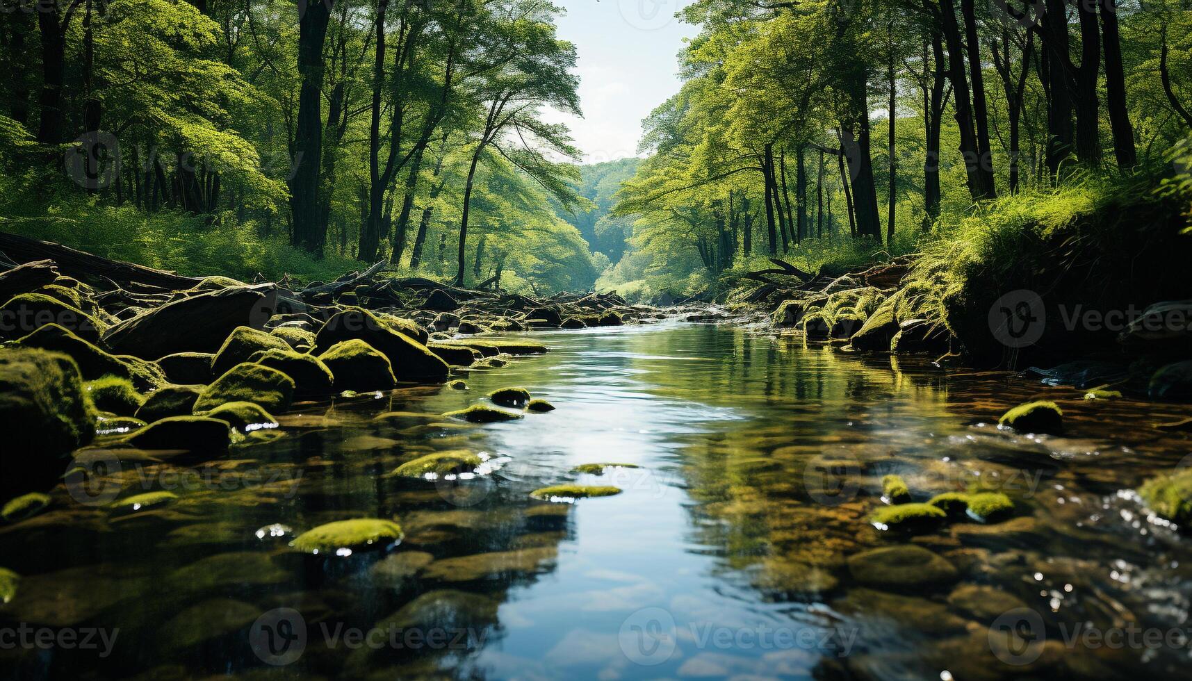 AI generated Tranquil scene of green forest, flowing water generated by AI photo