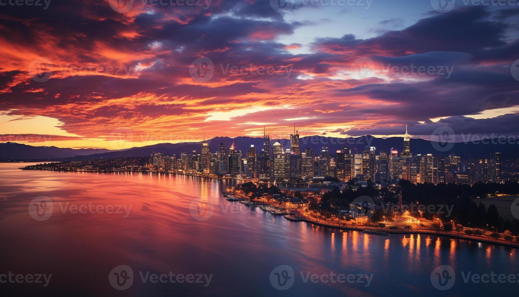 ai generado paisaje urbano a oscuridad, frente al mar refleja iluminado rascacielos generado por ai foto