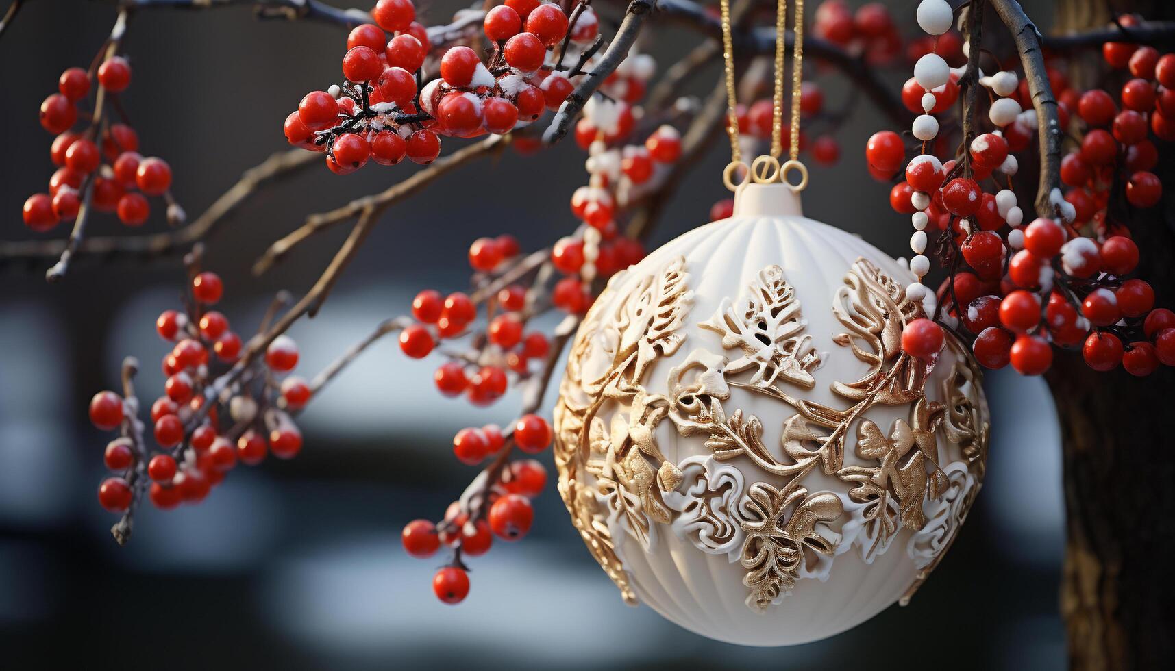 AI generated Winter celebration ornament hanging on Christmas tree branch generated by AI photo