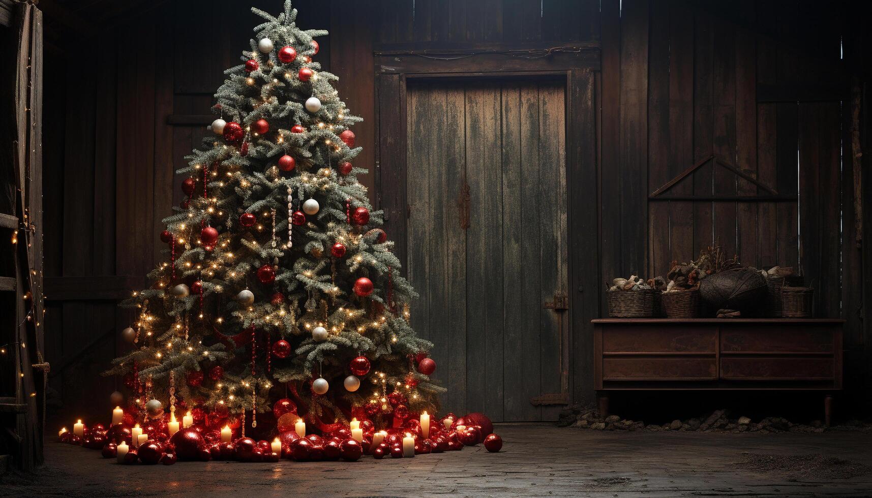 AI generated Christmas tree decoration glowing in the dark night generated by AI photo