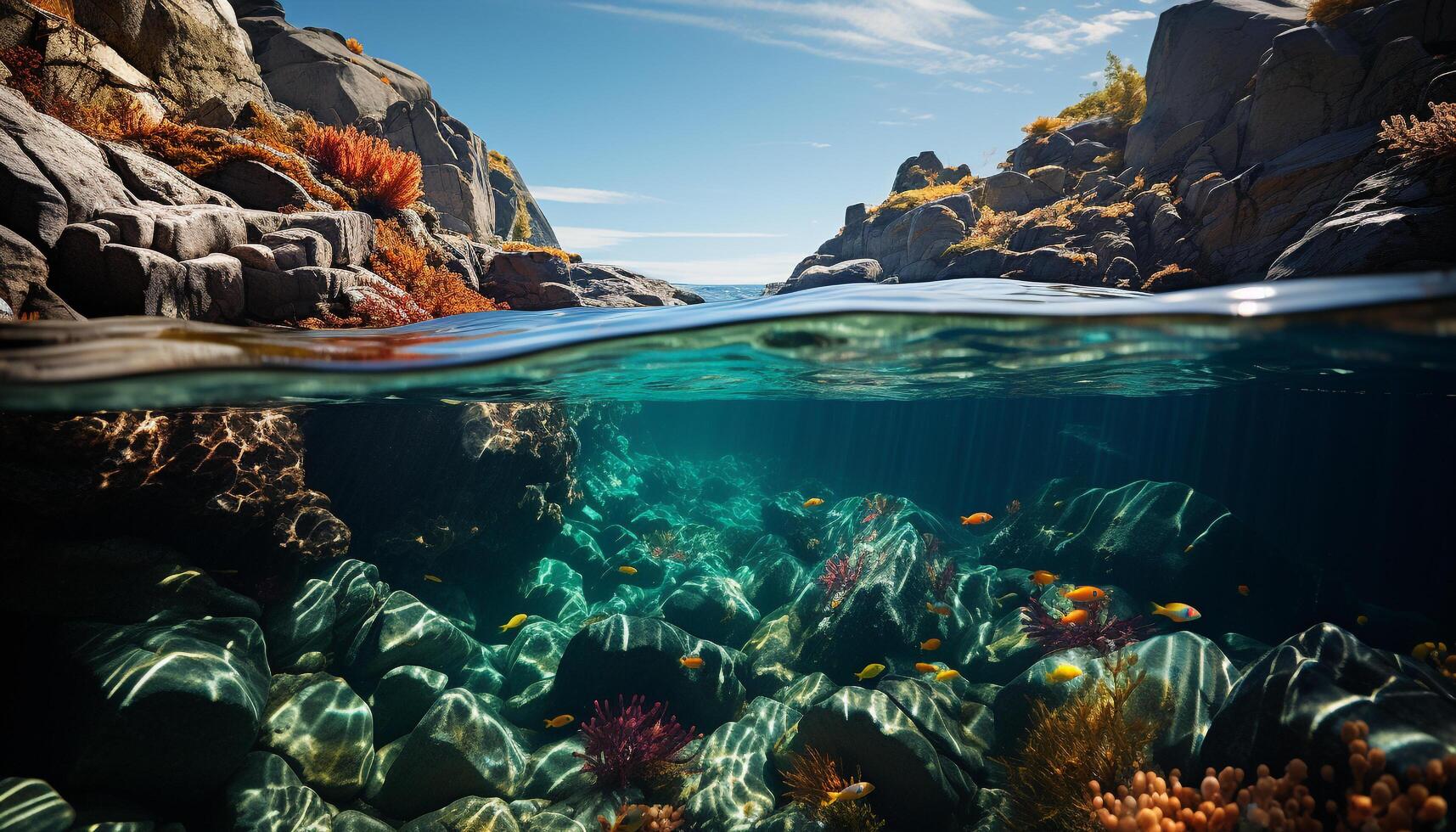 AI generated Underwater adventure fish swim below the beautiful reef generated by AI photo