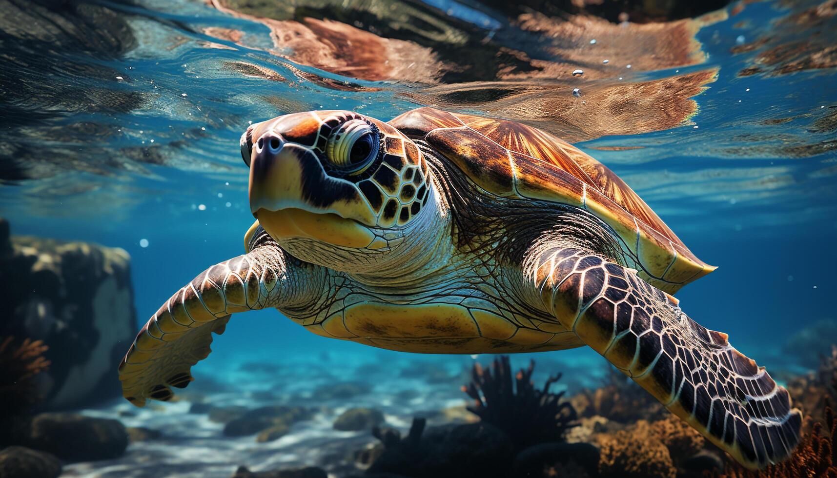 AI generated Underwater turtle swimming in the blue sea generated by AI photo