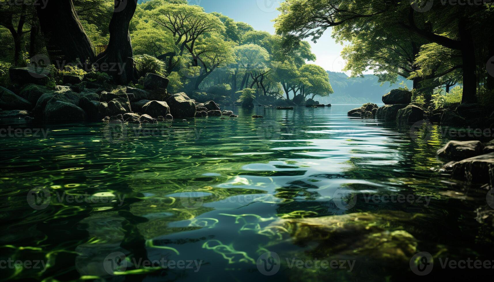 AI generated Tranquil scene of a green forest with flowing water generated by AI photo