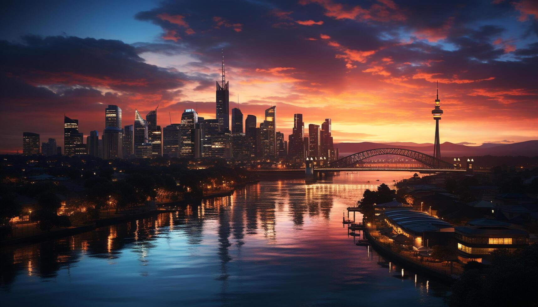 AI generated Cityscape illuminated by sunset, reflecting on waterfront generated by AI photo