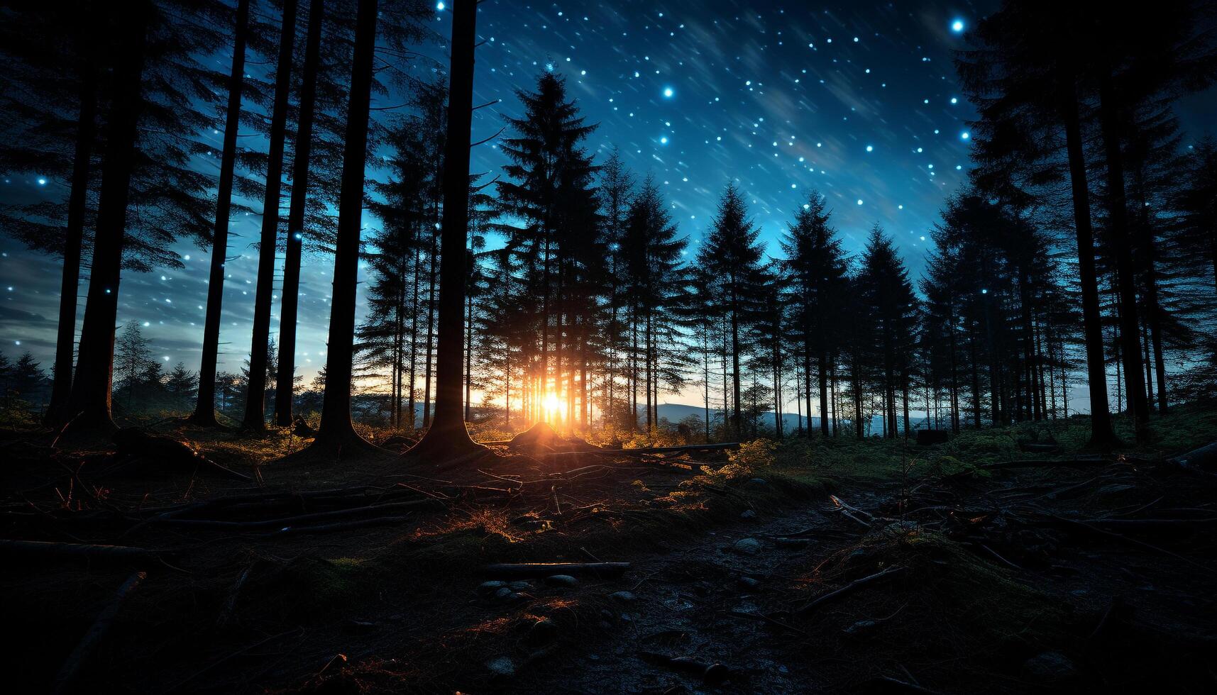 AI generated Tranquil scene of a dark forest at dusk generated by AI photo