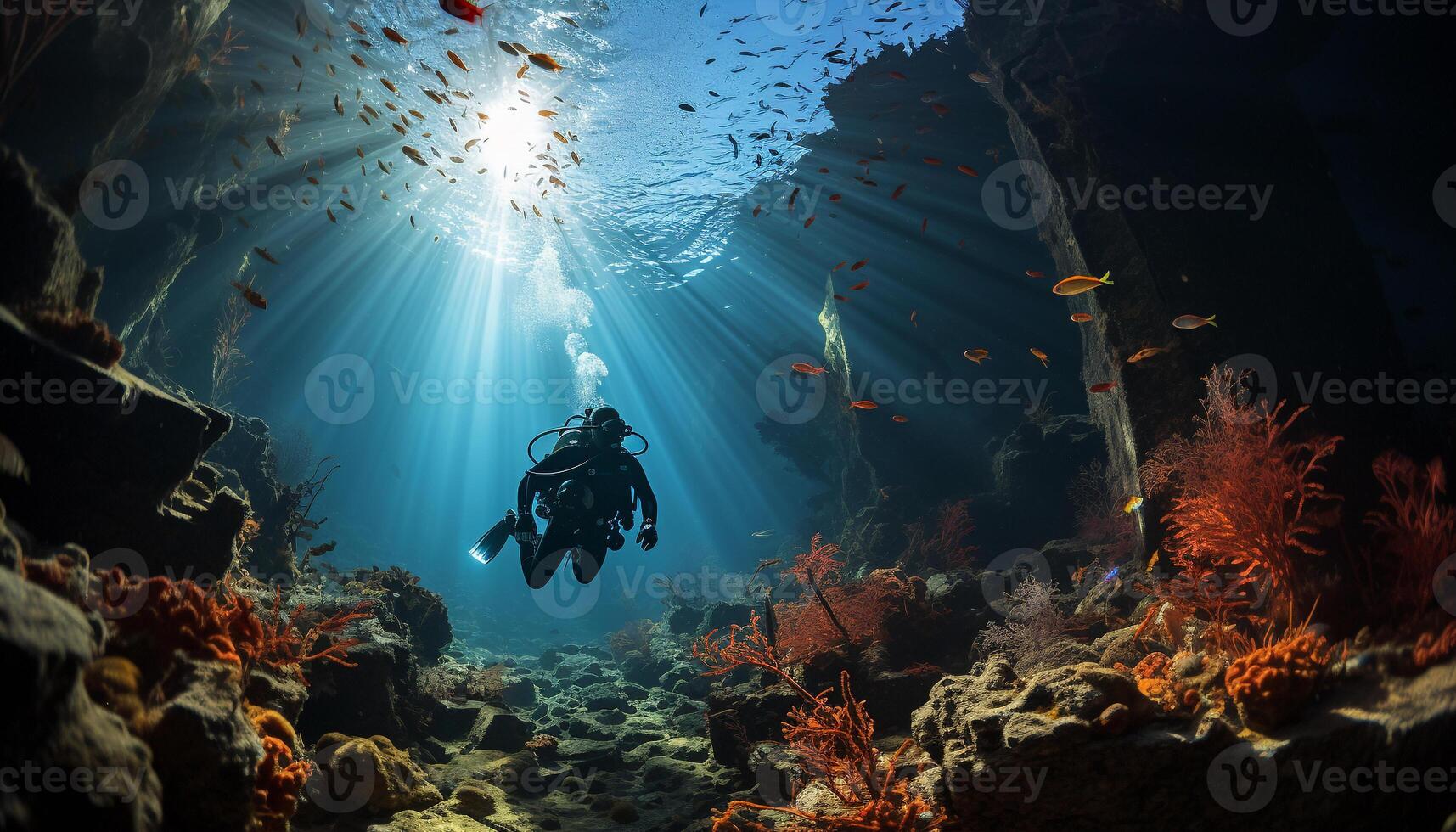 AI generated Underwater adventure diving into blue sea, exploring reef generated by AI photo