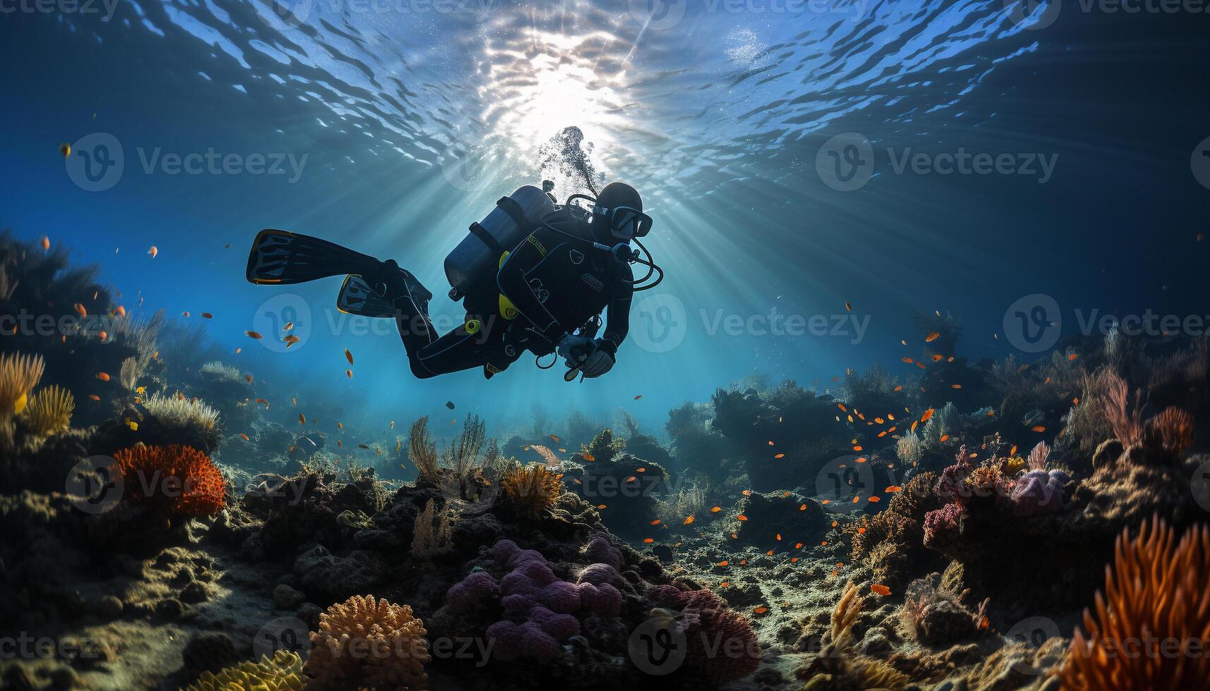 ai generado buceo dentro azul agua, explorador submarino belleza generado por ai foto