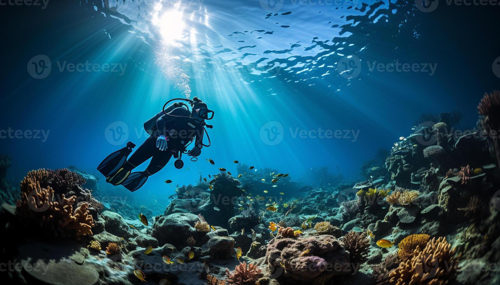 AI generated Underwater adventure diving into blue tropical reef generated by AI photo