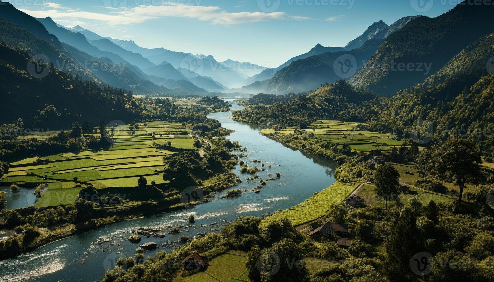 AI generated Mountain landscape with water, grass, forest, and farm generated by AI photo
