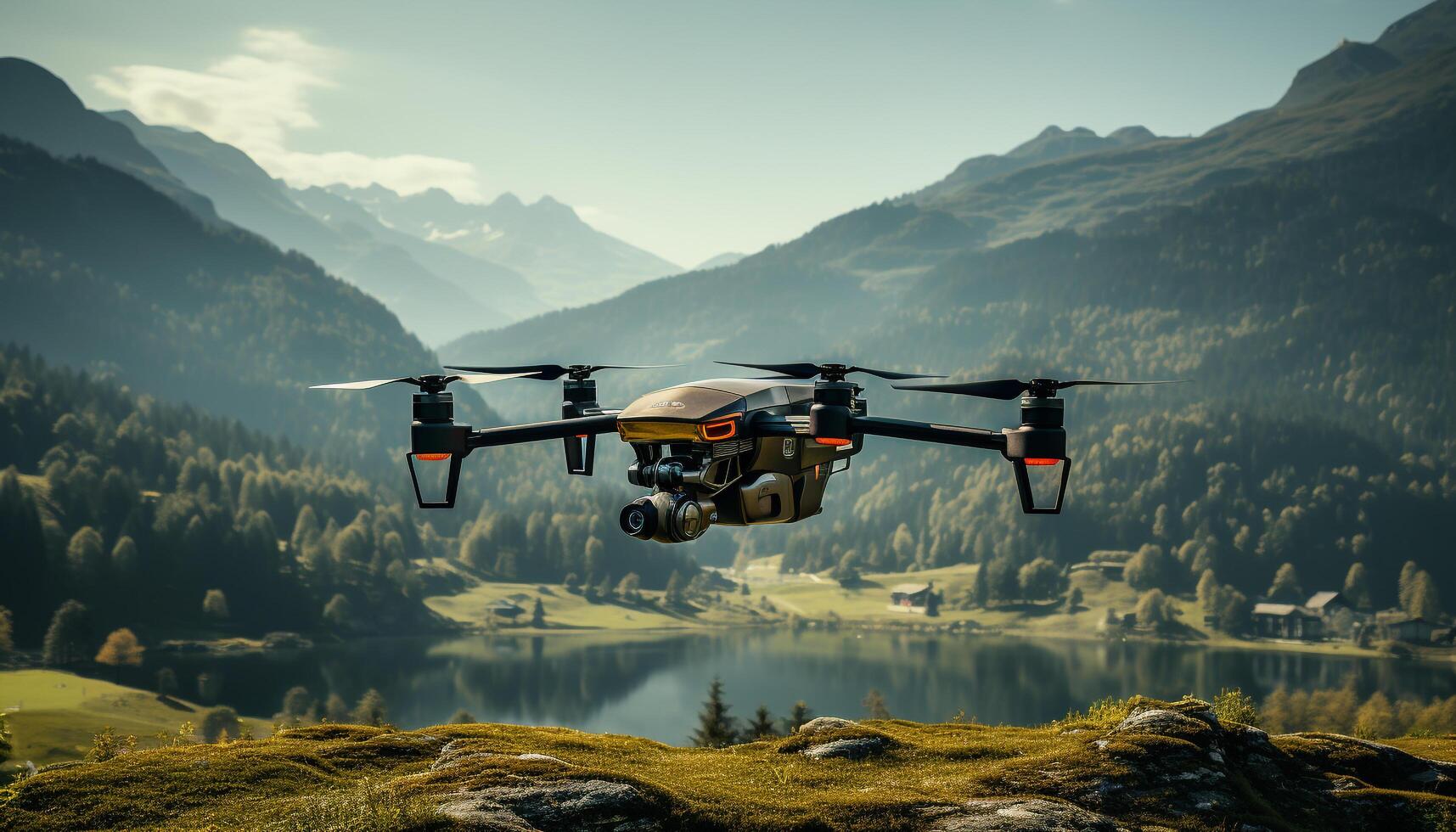 AI generated Drone hovering over mountain range captures breathtaking landscape generated by AI photo