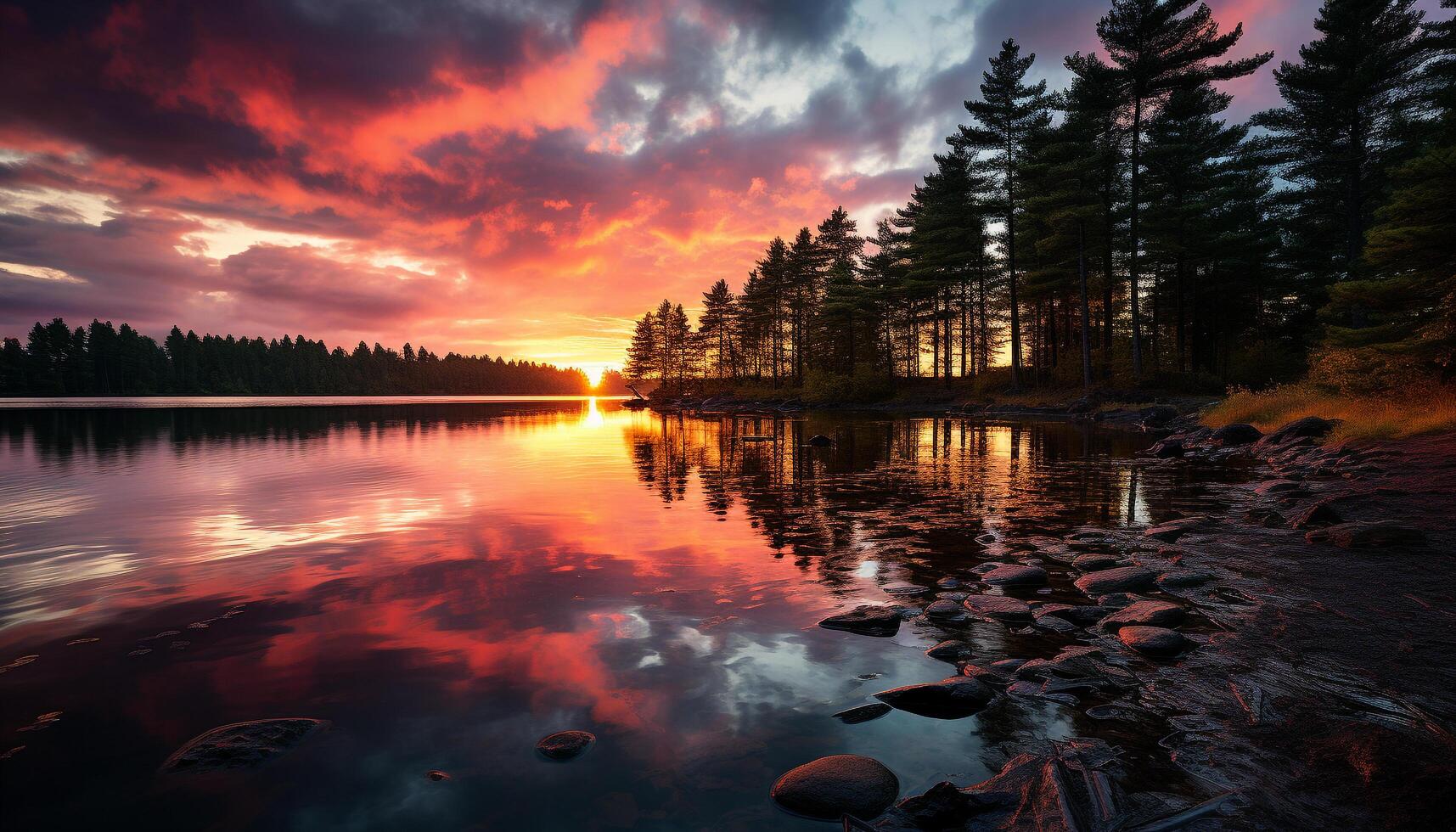 AI generated Tranquil scene of sunset over mountain range generated by AI photo