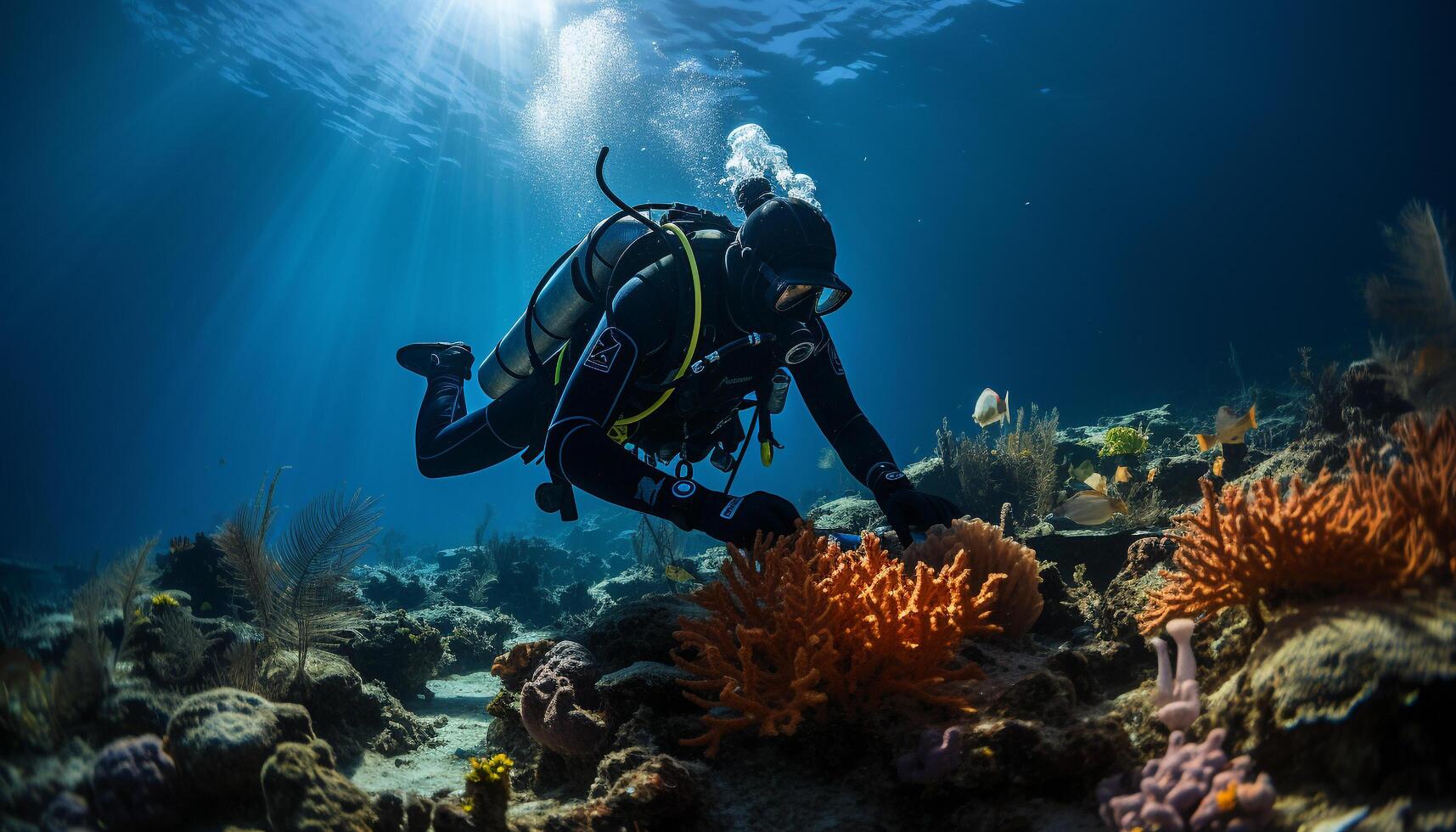 AI generated Underwater adventure diving into blue tropical sea generated by AI photo