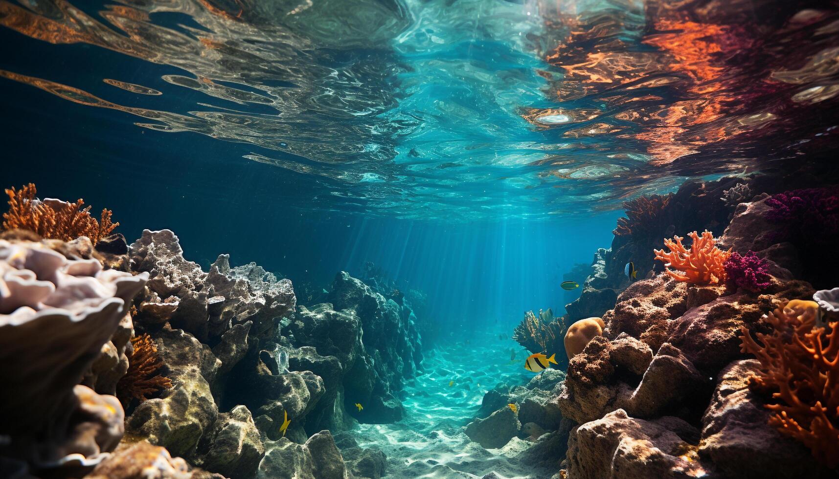 AI generated Underwater reef, fish swim in beautiful blue water generated by AI photo