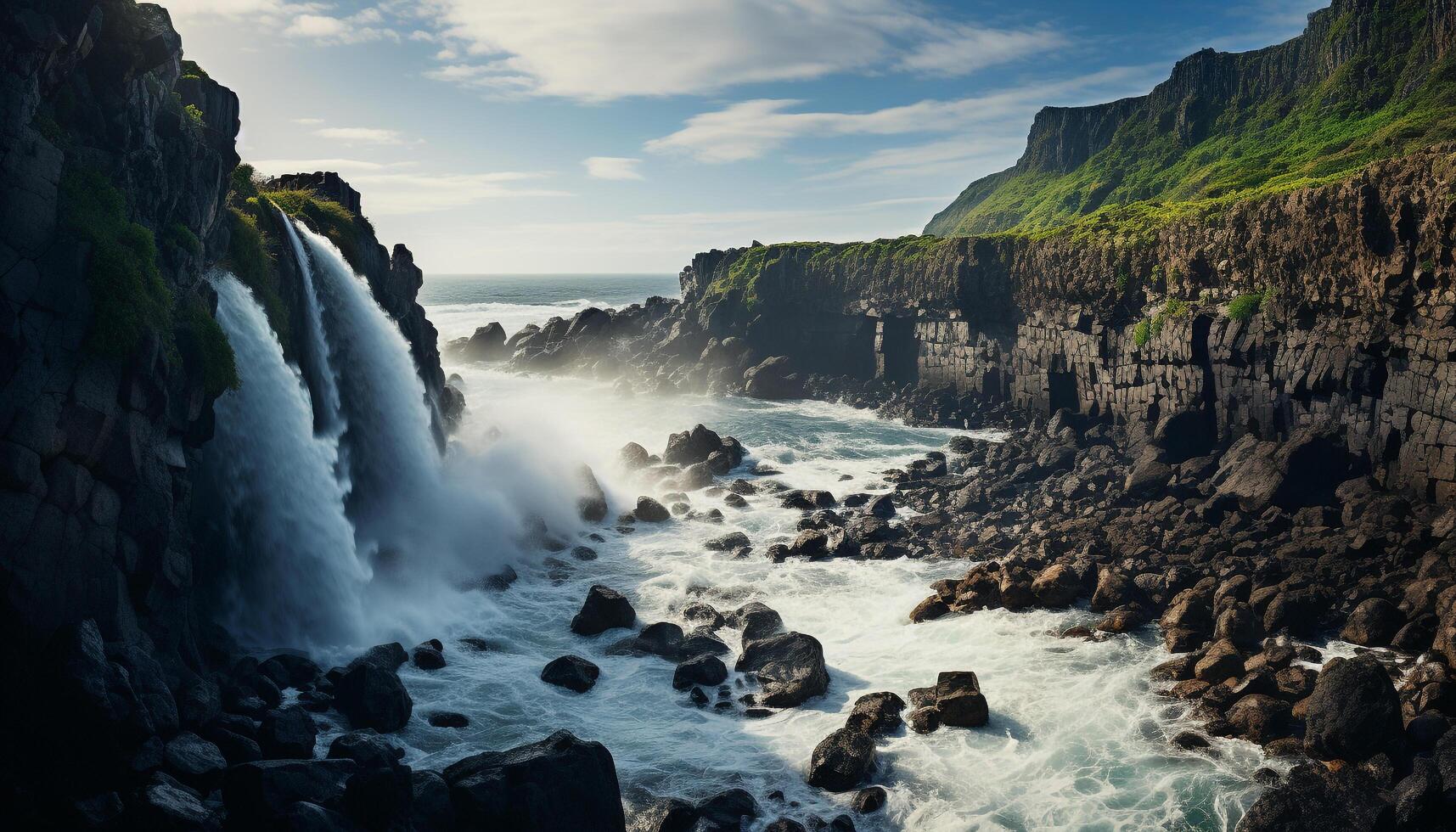 ai generado majestuoso montaña paisaje, áspero olas choque en acantilados generado por ai foto