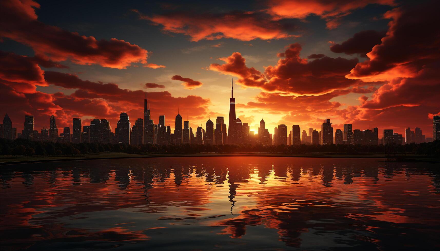 AI generated Vibrant city skyline reflects in the waterfront at dusk generated by AI photo