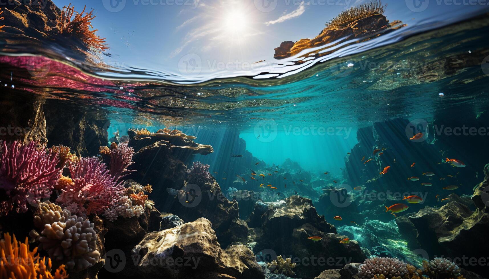 AI generated Underwater reef, fish swim in beautiful blue water generated by AI photo