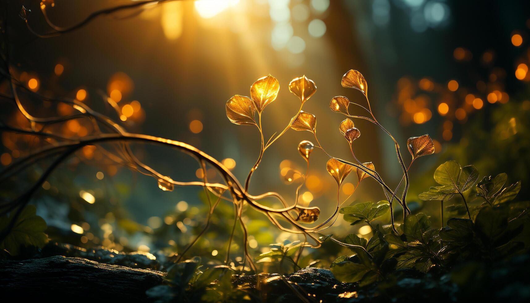 AI generated Sunset over meadow, vibrant yellow wildflowers in bloom generated by AI photo