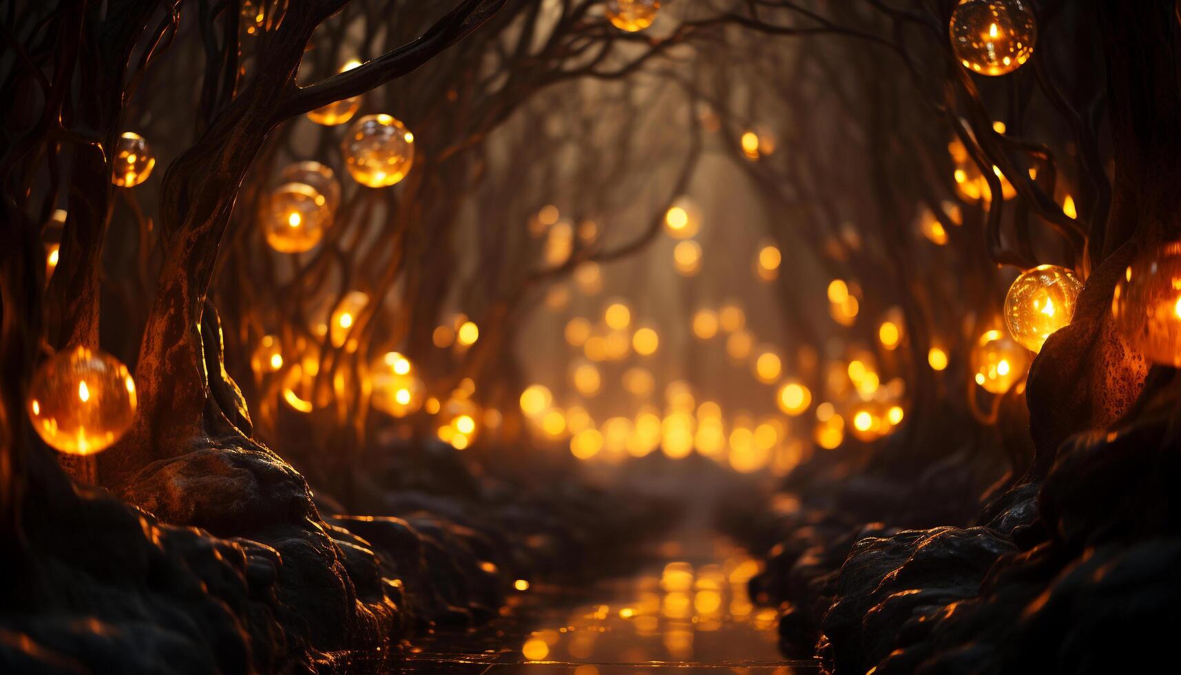 AI generated Glowing lanterns illuminate the spooky autumn night generated by AI photo