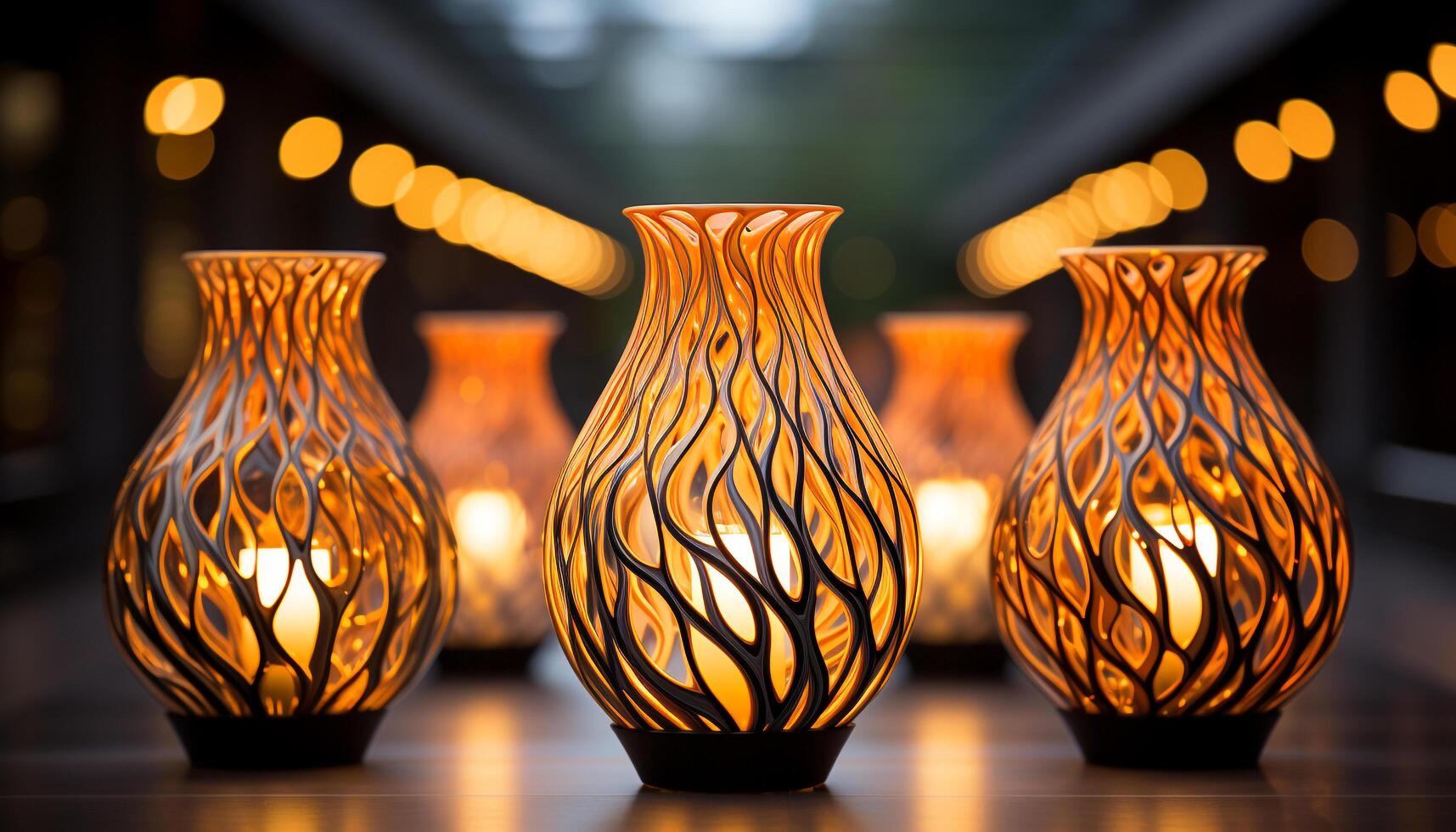 AI generated Illuminated pottery decoration on table, indoors at night generated by AI photo