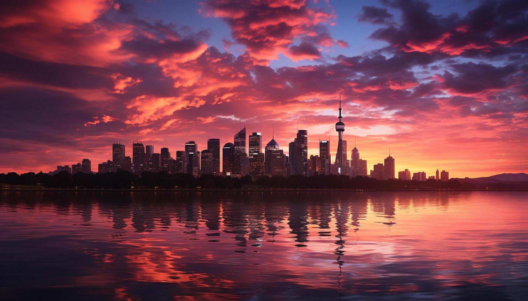 AI generated Silhouette of skyscrapers reflect in tranquil waterfront generated by AI photo