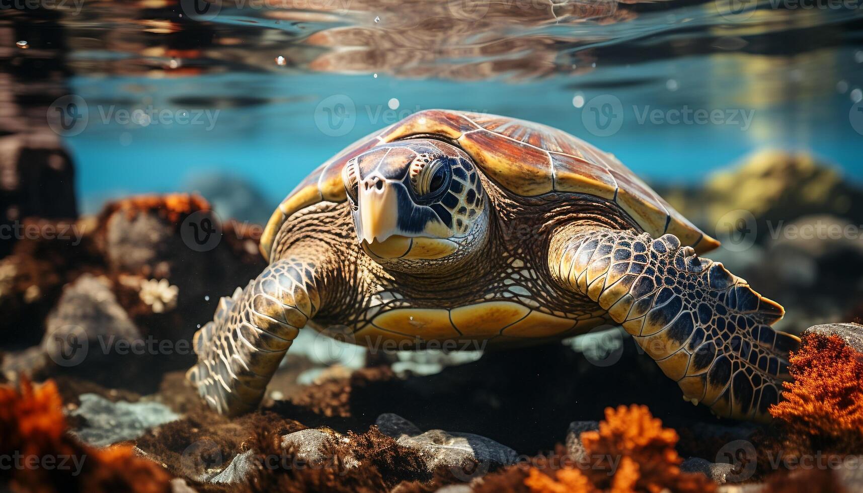 ai generado Tortuga nadando en azul mar, rodeado por coral generado por ai foto