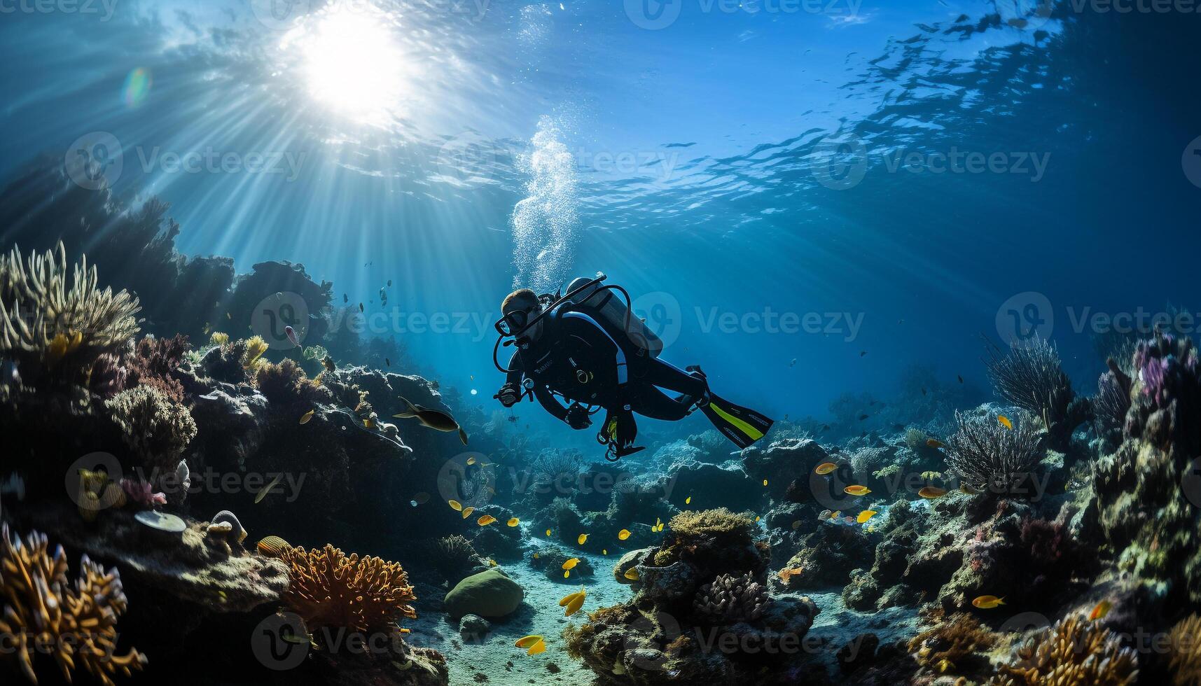 AI generated Underwater adventure men diving into blue tropical reef generated by AI photo